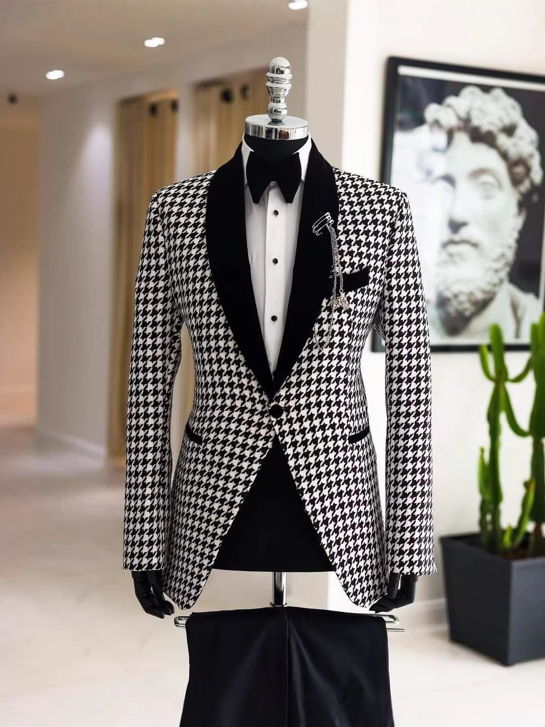 Men Formal Wear Clothes - Jas Pria Motif Kotak-kotak Houndstooth Elegan,