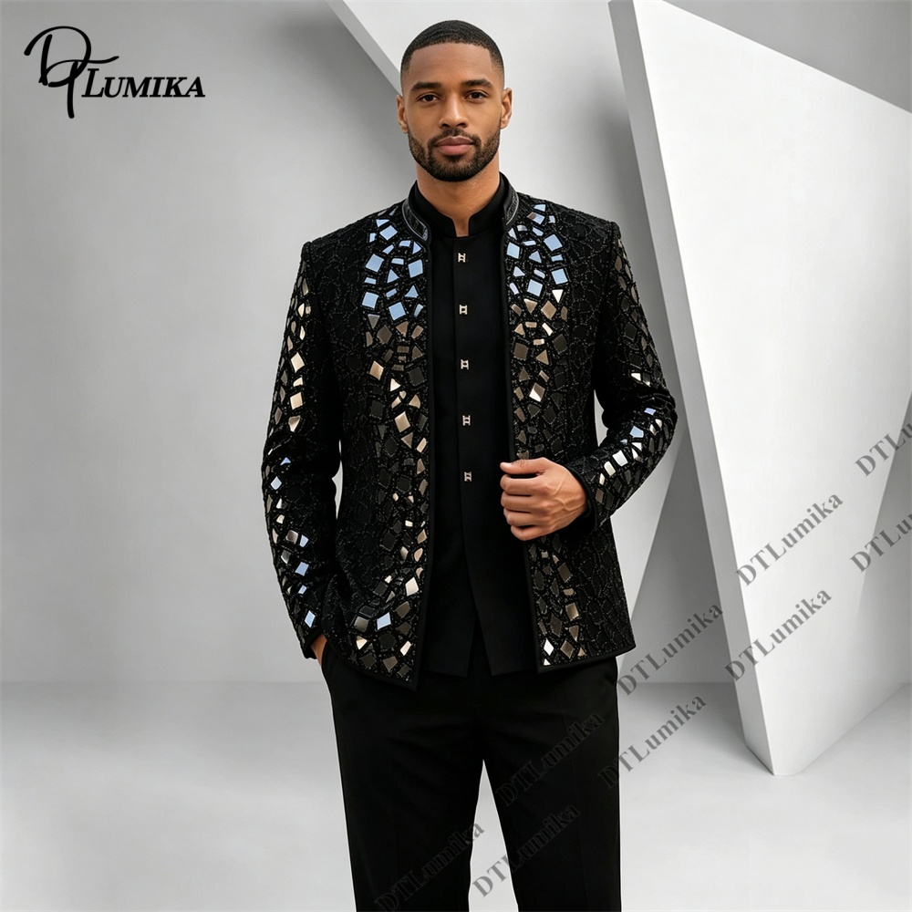 Men Formal Wear Office - Setelan Jas Pria Kerah Mandarin Hitam